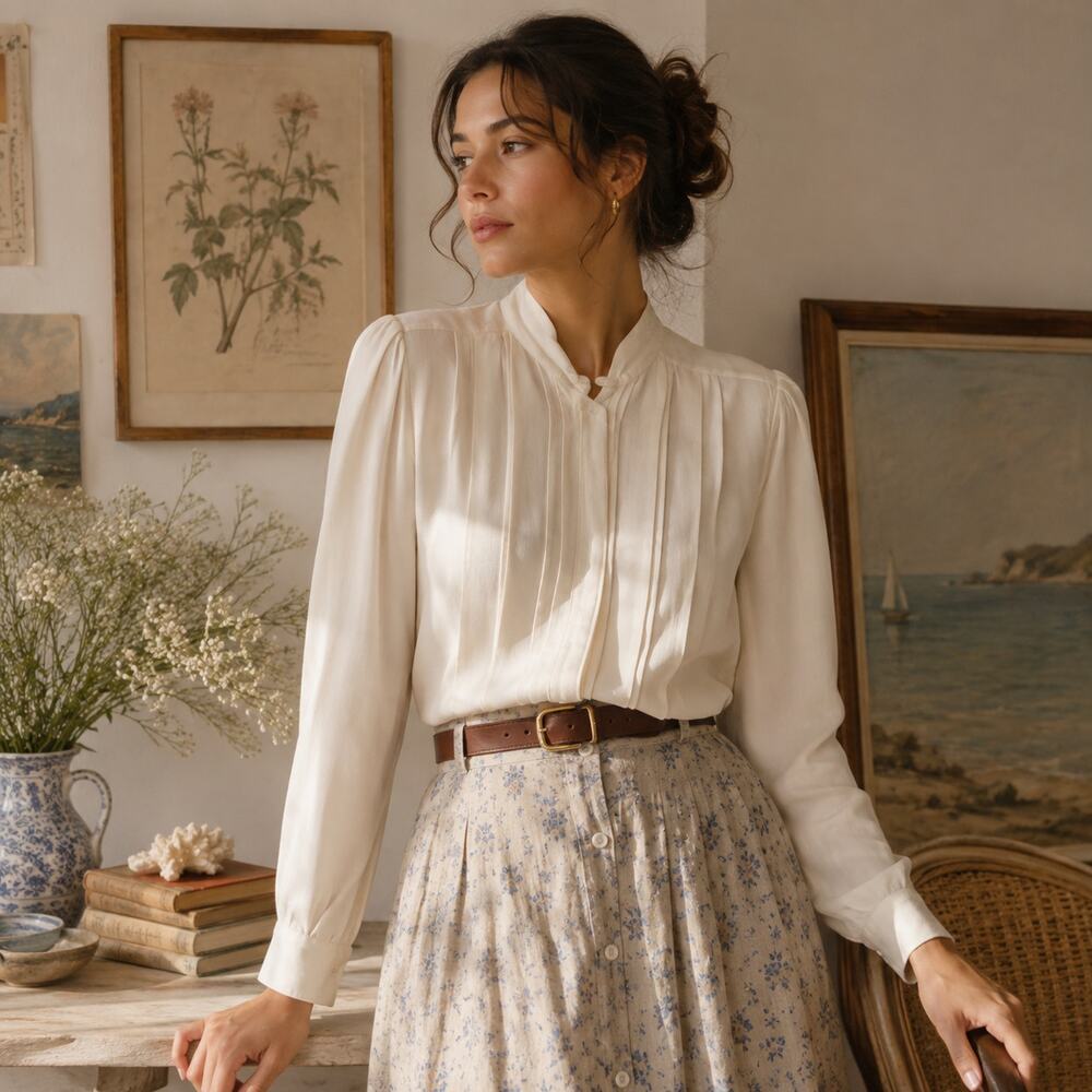 Vintage YVES ST. CLAIR White Silky Blouse Sz L Pleated Victorian Cottagecore Top